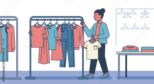 Woman shopping for clothes on rack.