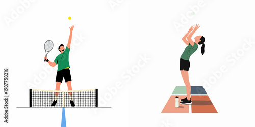 Flat style vector illustration showcasing a male tennis player serving and a female athlete practicing volleyball or fitness on a colorful gym mat.