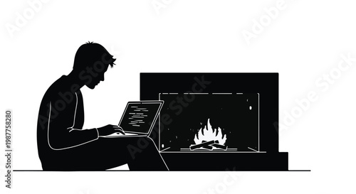 Person sitting by a warm fireplace works on a laptop computer in this minimalist black and white silhouette graphic.
