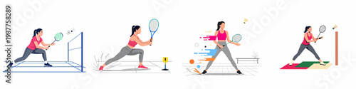 Set of illustrations showing a young woman playing badminton and tennis, performing various athletic moves and lunges on the court.