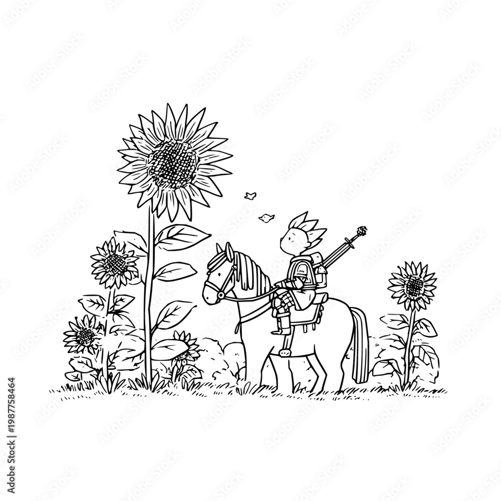 Fototapeta premium Small knight riding a horse through a field of giant sunflowers in a whimsical hand drawn sketch style illustration for childrens storybook concept art and coloring page