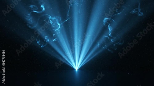 Abstract blue light beams shining from the center with smoke-like effects in the dark space