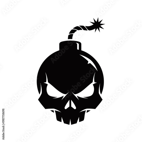 A black silhouette of a bomb with a skull face and a lit fuse.