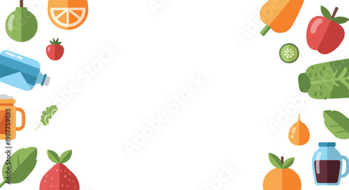 This colorful flat vector illustration features a variety of healthy fruits, vegetables, and drinks framing a central white space for text.
