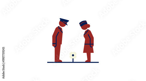 Two Figures of Respect Bowing to a Flower