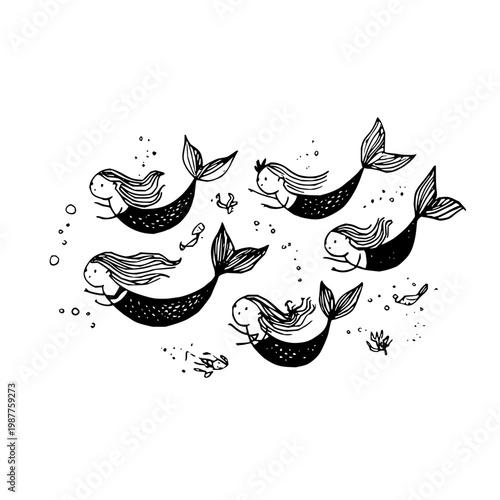 Whimsical hand drawn mermaid illustration set featuring cute aquatic creatures swimming together in a playful underwater scene with bubbles and sea life elements design