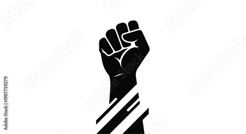 Fist raised in a powerful black and white graphic symbol represents strength, unity, and collective action for social movements.