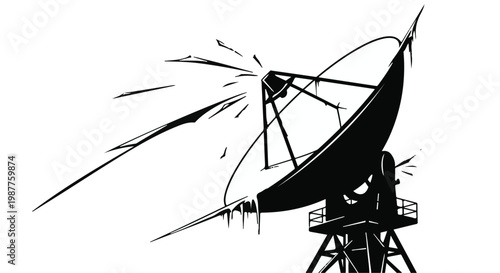 Satellite dish antenna stands as a symbol of global communication and modern broadcast technology in this high contrast graphic illustration.
