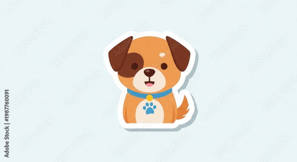 Obraz premium Cute brown dog sticker with blue collar and paw print on chest smiling on light background