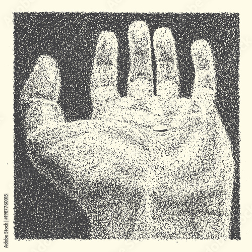 Close-up stippled illustration of a human hand with close-up illustration monochrome stippling reaching touching appendage humanity communication expression psychology protection