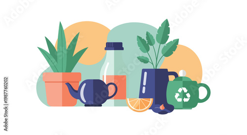 A vibrant vector illustration featuring potted plants, a teapot, a bottle of juice, and a recycling-themed jar on a minimalist background.