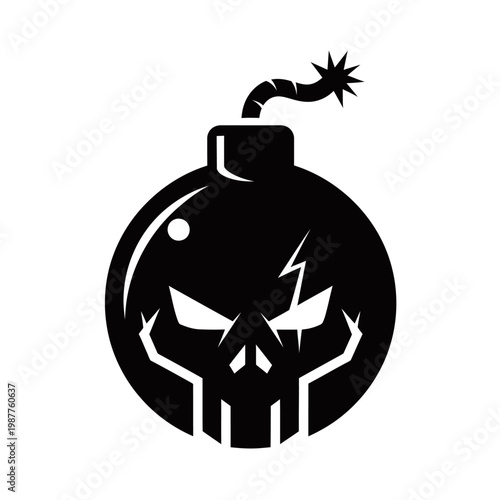 A black and white illustration of a bomb with a skull face and a lit fuse.