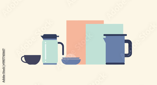 A minimalist flat vector illustration of various kitchenware items like pitchers and cups arranged against a soft, colorful geometric background.