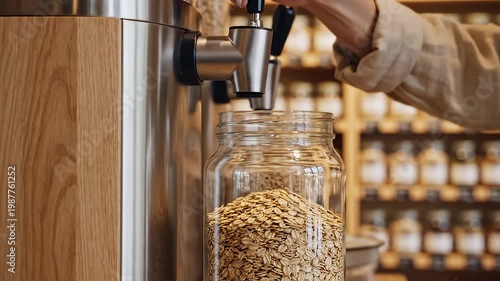 Hand filling glass jar from bulk food dispenser in eco shop