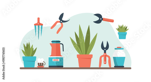 This vector illustration features various gardening tools and potted plants neatly arranged on a shelf for a home garden enthusiast.