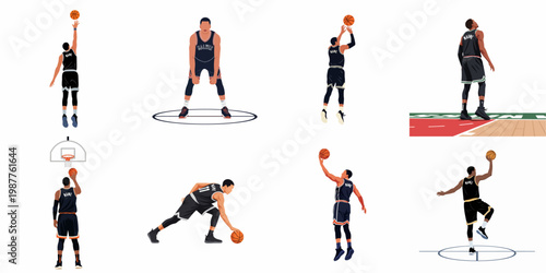 Collection of professional basketball player vector illustrations featuring various athletic poses such as shooting, dribbling, and jumping on a clean white background.