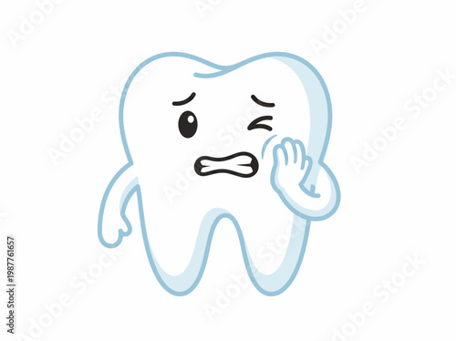 Sad cartoon tooth character with a painful toothache feeling uncomfortable and holding its cheek in this colorful vector graphic illustration