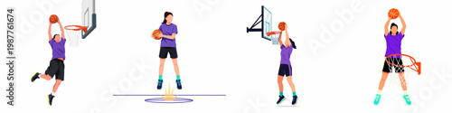 A set of flat vector illustrations showing young female basketball players in various action poses, including jumping, shooting, and dunking.