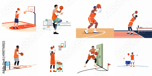 Set of eight flat vector illustrations featuring basketball players in various action poses, practicing, shooting, and dribbling on the court.