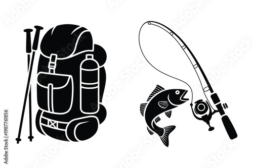 Vector icons: hiking backpack trekking poles water bottle fishing rod fish