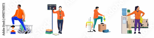 Flat vector character set of diverse sports coaches and athletic staff preparing for training with professional sports equipment and gear.