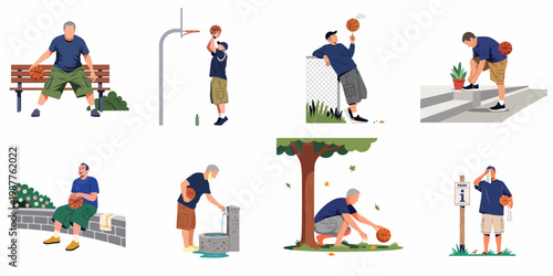 Collection of flat illustrations showing a senior man engaging in various basketball activities and an active lifestyle in an outdoor park setting.