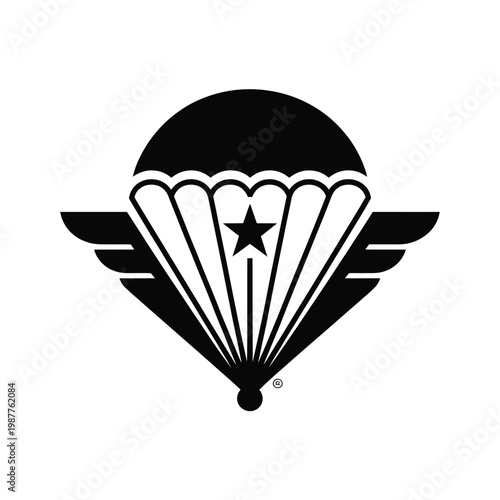Black and white emblem depicting a paratrooper with a star insignia