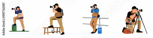Illustrations of professional male photographers with gear, including cameras with telephoto lenses and tripods, in various outdoor shooting poses.