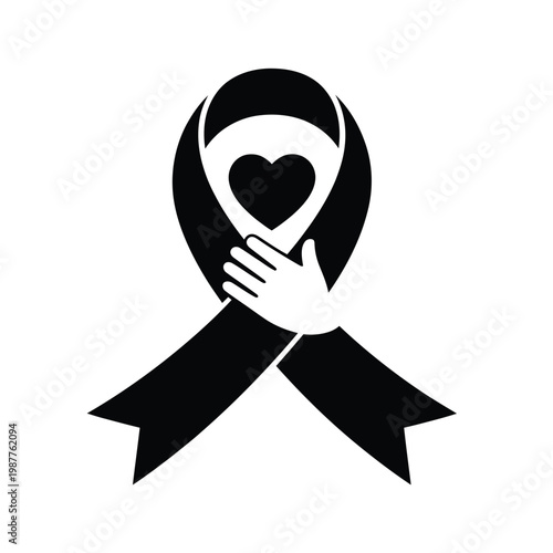 Black ribbon forming a heart shape held by a caring hand