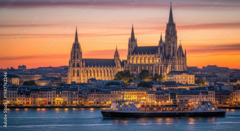 Fototapeta premium Beautiful Cityscape at Sunset with Cathedral and Ferry.