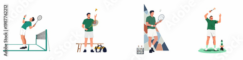 Four Illustrations of a Male Badminton Player in Various Poses, Including Serving, Resting, and Standing with Equipment on a White Background