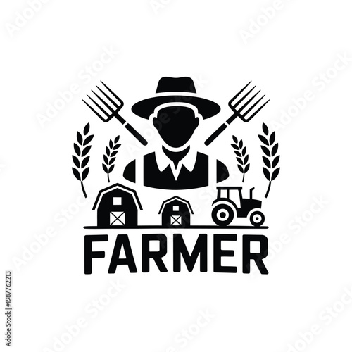Black and white farm logo featuring a farmer tools and buildings