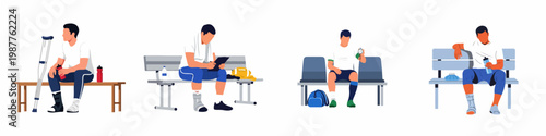 Set of flat vector illustrations of male athletes sitting on benches while recovering from sports injuries, using crutches, ice packs, and braces.