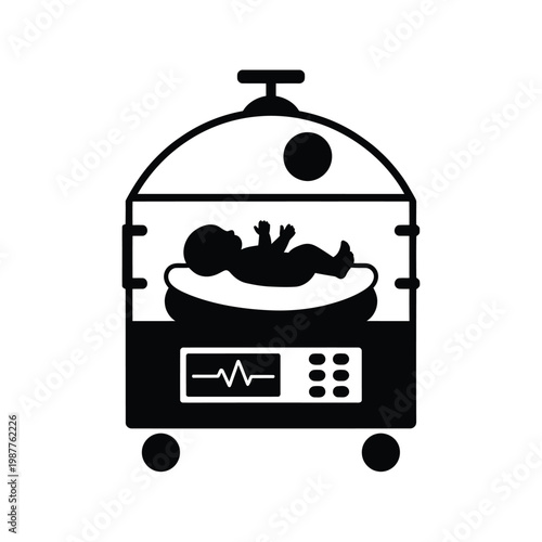 Simple black silhouette of a baby within an incubator machine