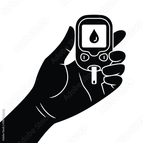 Hand holding a blood glucose meter with a drop of blood displayed