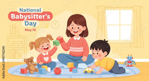 Babysitter and two children play with toys on a mat in a yellow room on national babysitter's day may 10