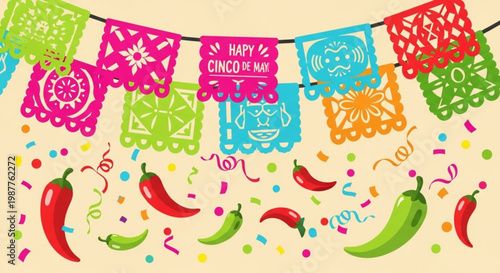 Vibrant cinco de mayo celebration banner with colorful papel picado chili peppers and confetti on beige background