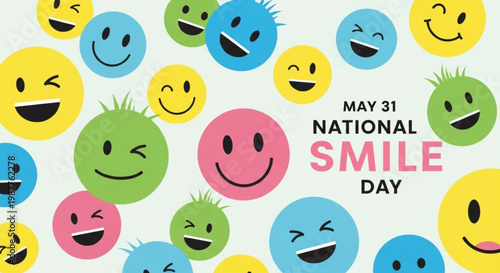 Colorful smiley faces celebrate national smile day on may 31 spreading joy and happiness with vibrant emojis