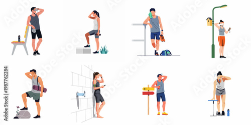 Collection of illustrations featuring diverse people sweating and feeling exhausted after intense workouts, running, or outdoor sports activities for fitness and health concepts.