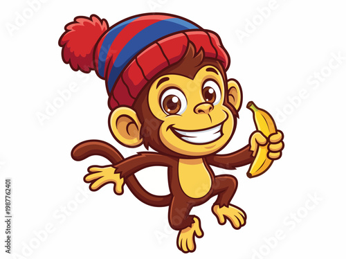 Cute cartoon monkey wearing a colorful winter hat while happily holding a fresh yellow banana in this vibrant vector illustration