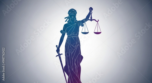 Justitia goddess of justice holding scales and sword standing tall with blindfold on face in blue purple hues symbolizing law and order