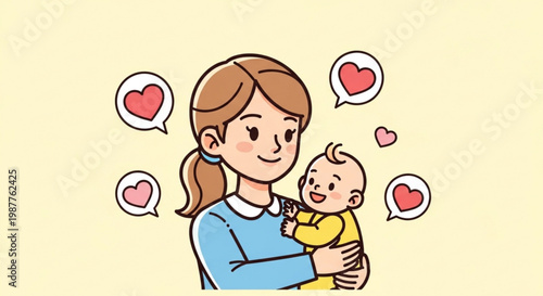 Loving mother holding baby with heart speech bubbles symbolizing love and affection