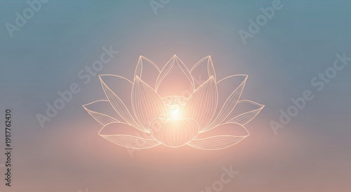 Glowing lotus flower outline with radiant light serene background symbolizing peace and spirituality in a natural setting