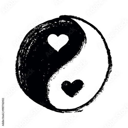 Hand drawn yin yang symbol with hearts Zen and Tao Harmony and balance Black and white yin and yang sign Taichi, Taoism, Buddhism, Japan, Chinese, Asian, yoga, meditation, karma, peace, dualism