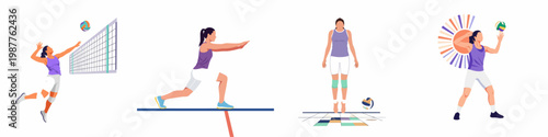 Set of vector illustrations of a female volleyball player in various action poses like spiking, serving, and receiving on a white background.