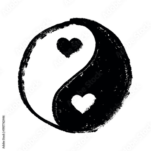 Hand drawn yin yang symbol with hearts Zen and Tao Harmony and balance Black and white yin and yang sign Taichi, Taoism, Buddhism, Japan, Chinese, Asian, yoga, meditation, karma, peace, dualism