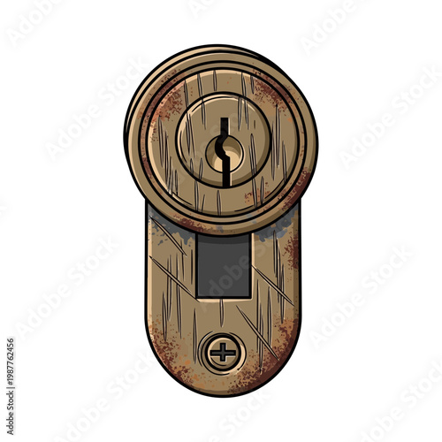Vintage lock cylinder with keyhole and screw detail, isolated on white background