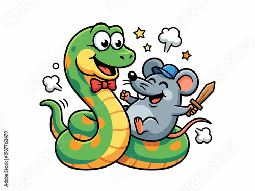 Happy green snake wearing a bowtie and an energetic grey mouse holding a wooden sword in this cute vector illustration
