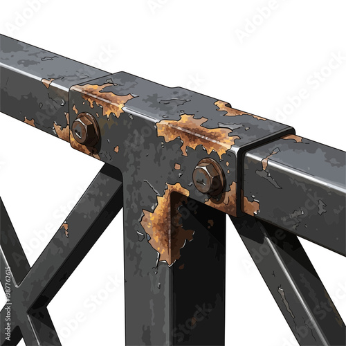 Close-up of rusty metal railing with bolts and painted surface peeling