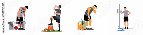 Illustrations of exhausted male athletes after intense sports activities, including basketball, soccer, tennis, and running, drinking water and recovering.